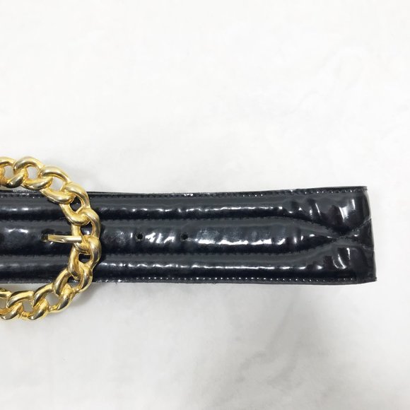 Vintage 90s Black Patent Belt with Gold Tone Buckle M - Picture 5 of 8